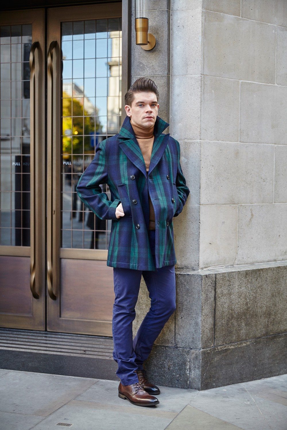 Tommy Hilfiger Tartan Pea Coat, Chinos, Brown Boots | Robin James | Man For Himself